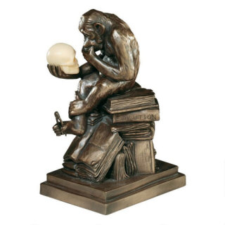 Darwins Ape Sculpture - Monkey Holding Skull Statue
