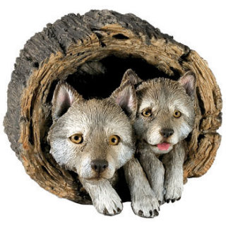 Wolf Gray Pups In Log Sculpture