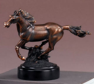 Horse Sculpture Running 8.5" High Statue This sculpture depicts a cantering horse, caught in mid-stride. With a fluidity of motion, this muscular icon is the epitome of beauty and grace. This horse is cast in quality designer resin with a rich bronze patina that makes it virtually indistinguishable from gallery originals. Base size is 5" D x 1" high, wonderful for adding your own tribute plaque.