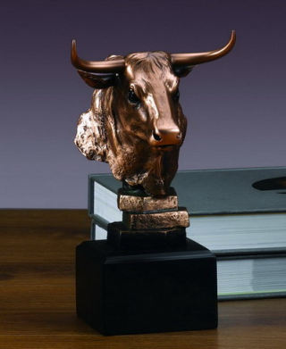 Cow Head Sculptural Bust 8" High Cow head sculptural bust is a wonderful gifts, trophies and awards for the cow owner or lover. A classical rendition of this prizes animal in a bust figurine. The base of this cow bust size is 3" W X 3" D X 2" H so a brass plaque can be added.